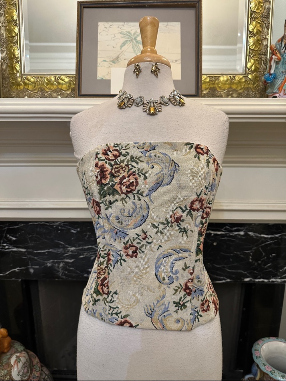 Strapless Floral Brocade Corset Top in Cream
